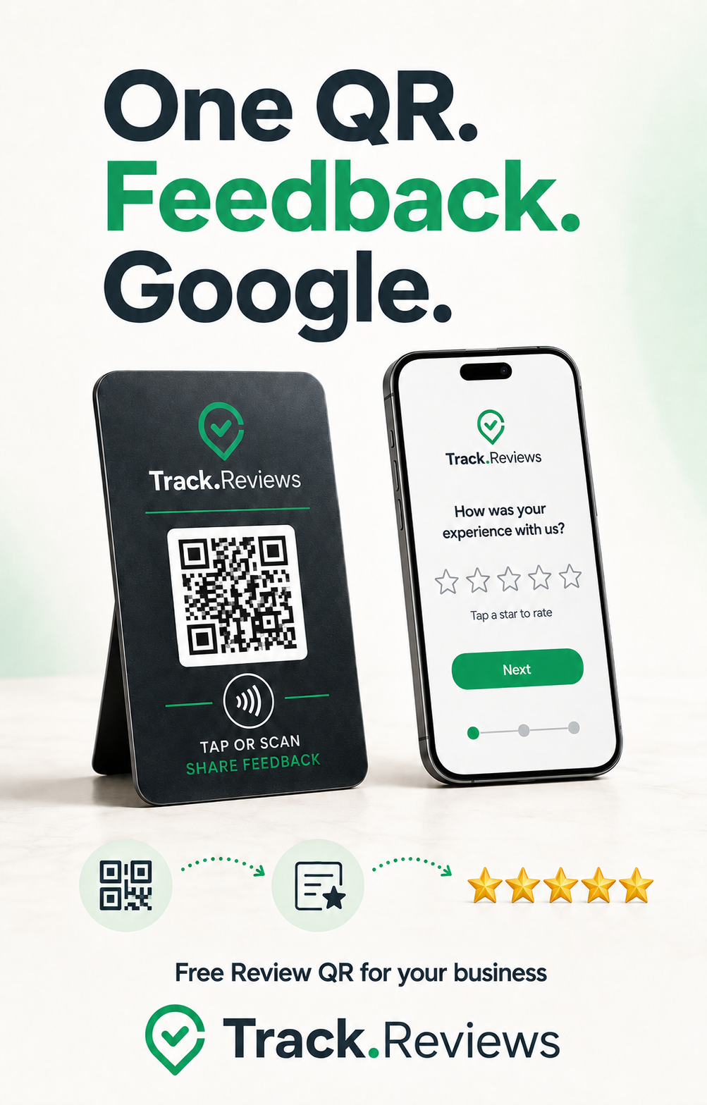 Track.Reviews QR counter stand beside a phone showing the share-feedback rating screen